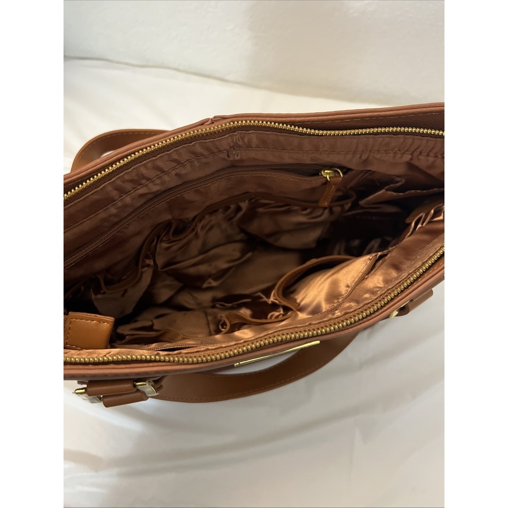 JOY & IMAN Alexandria Leather Tote Purse Cognac 15.5 X 12 X 6 Double Handles - Picture 7 of 9